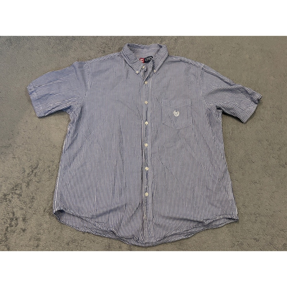 Chaps Mens XL Blue White Striped Seersucker Short Sleeve Button Down Shirt